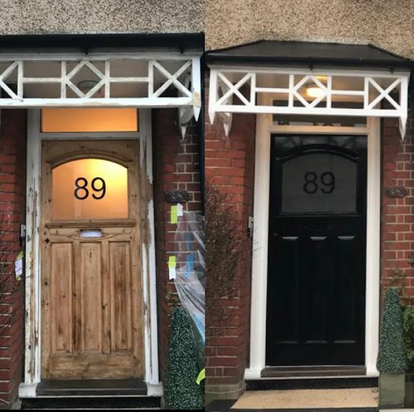 Front entrance door before and after restoration
