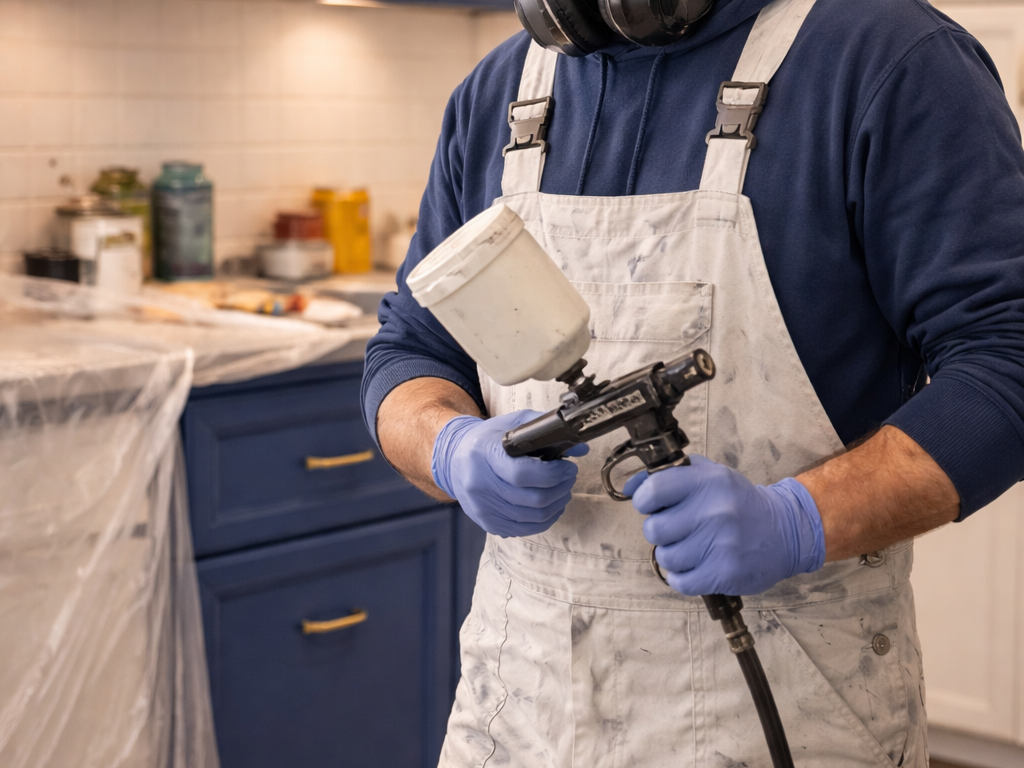 Painter in a kitchen holding a spray gun